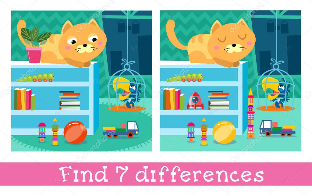 Kitten and parrot in room. Cartoon style characters with background. Find 7 differences. Game for children. Vector full color illustration.