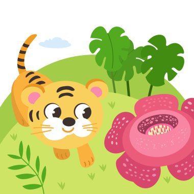 Cute tiger cub in nature. Animal in cartoon style for design. Vector illustrations, full color. clipart