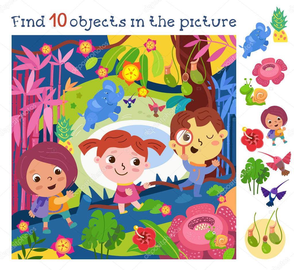 Children travel through jungle, tropical forest. Find 10 objects. Game activity for kids. Funny cartoon character. Vector illustration.