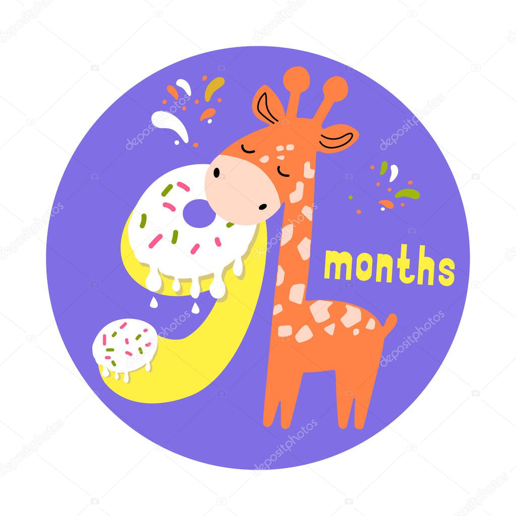 Baby sticker icon with cute giraffe animal for nine months old baby. Vector illustration in cartoon scandinavian style with number 9. Illustration for printing.