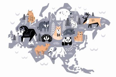 Avrupa Asya 'daki sevimli dekoratif hayvanlar ve haritadaki orman elementleri. İskandinav el yapımı baskı posteri. Vektör illüstrasyonu.