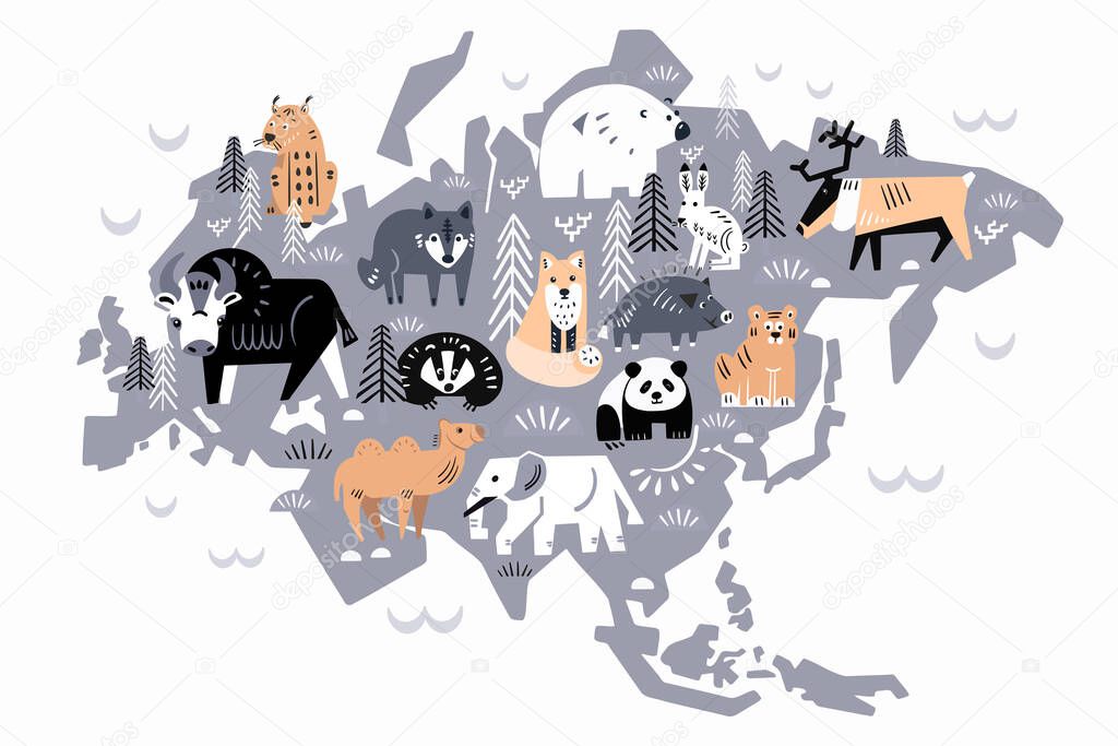 Cute decorative animals Europe Asia and forest elements on map. Scandinavian handmade poster for print. Vector illustration.