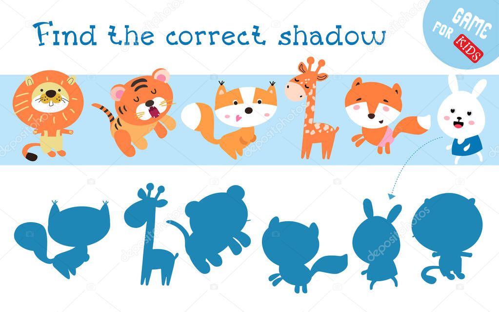 Find correct shadow. Cute animal characters. Educational game for children. Activity, vector illustration.