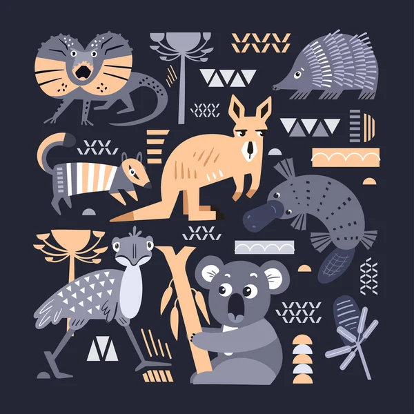 Set of cute animals and plants of Australia. Decorative handmade poster for print. Isolated icons in scandinavian style. Vector illustration. — Stock Vector