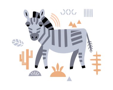 Güzel dekoratif zebra. Afrika 'nın Hayvanları. Tasarım ve baskı için İskandinav el çizimi vektör çizimi. Minimalist geometrik simge.
