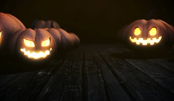 Ijesztő Halloween Háttér Sütőtök Arc Világít Asztal Sötét Éjszaka Másolás — Stock Fotó