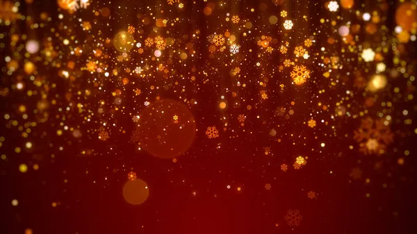 圣诞和新年的背景 金色的雪花在红色的粒子上闪烁着光芒 — 图库照片