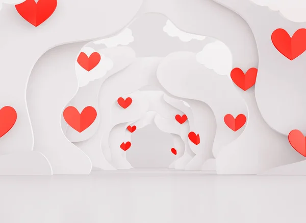 結婚式 バレンタインデーの背景のための赤いハートとグレーのトンネル紙カットデザイン 3Dレンダリング — ストック写真