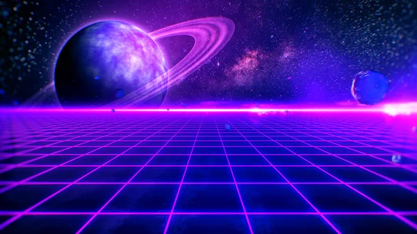 Futuristic retro landscape and space for 80s background, 3d rendering.