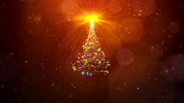 Gold Christmas Tree Shiny Magic Lights Red Background Merry Christmas — Stock Photo, Image