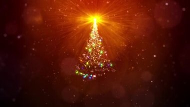 Kırmızı zemin üzerinde sihirli ışıkları, parçacıkları ve yıldızı olan altın noel ağacı.