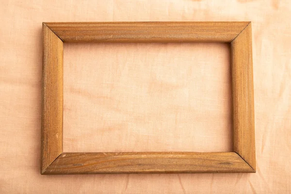 Wooden Frame Smooth Orange Linen Tissue Top View Flat Lay — Stock Photo, Image