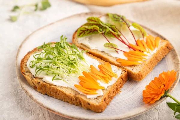 Sandwiches Pan Blanco Con Queso Crema Pétalos Caléndula Microverde Sobre Imagen De Stock