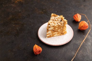 Geleneksel Litvanya keki shakotisi, siyah beton arka planda. Yan görünüm, boşluk kopyala.