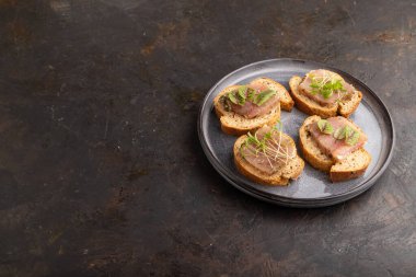 Siyah beton arka planda kurutulmuş et, kuş gülü ve kişniş mikroyeşil ekmekli sandviç. Yan görünüm, boşluk kopyala.