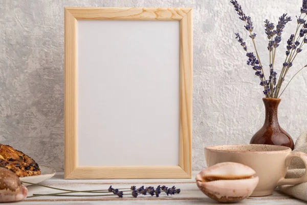 White Wooden Frame Mockup Lavender Ceramic Vase Linen Textile Cup Stock Image