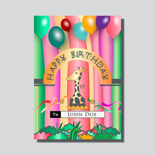 Zürafa Balonlarla Dolu Yaş Günü Tebrik Kartı — Stok Vektör