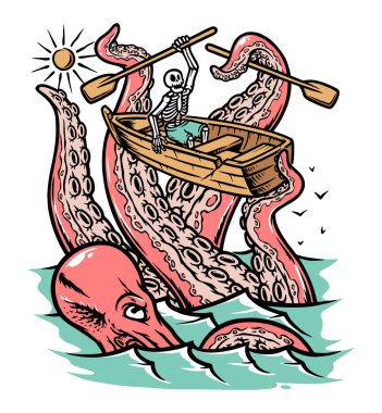 giant octopus attack skull in the sea illustration