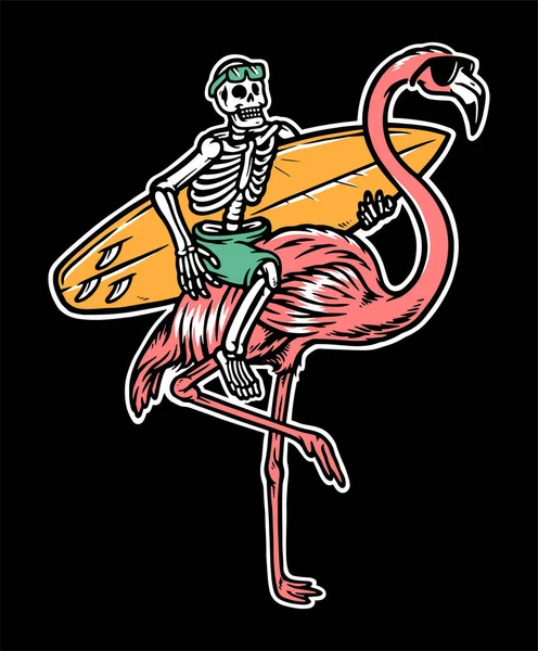 Skull Flamingo Get Ready Surf Illustration - Stok Vektor