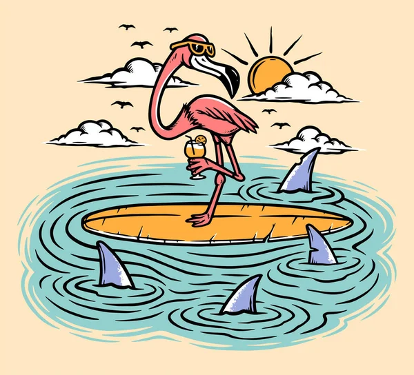 Flamingo Surfboard Sea Illustration — Stok Vektör