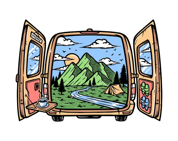 Vedere Frumoasă Munte Ilustrația Mașinii — Vector de stoc