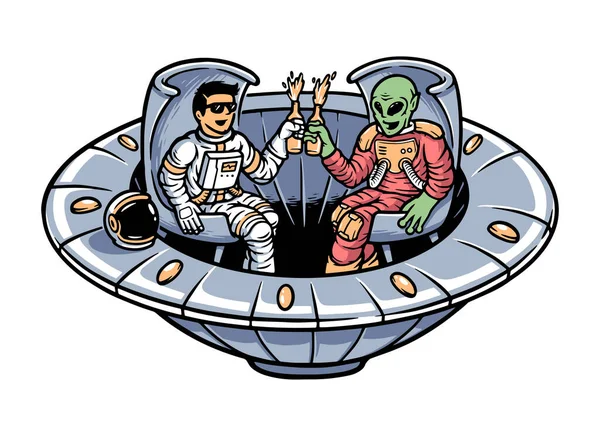 Alienígena Astronauta Relaxando Juntos Ilustração Ufo — Vetor de Stock