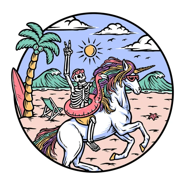 Cráneo Montando Unicornio Playa Ilustración — Archivo Imágenes Vectoriales