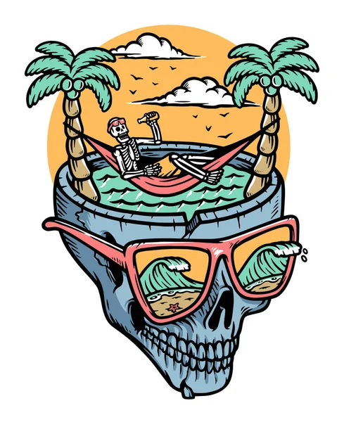 Skull Relaxing Beach Illustration — Stock Vector