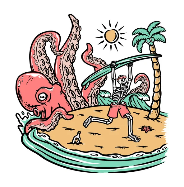 Pulpo Ataque Cráneo Playa Ilustración — Archivo Imágenes Vectoriales