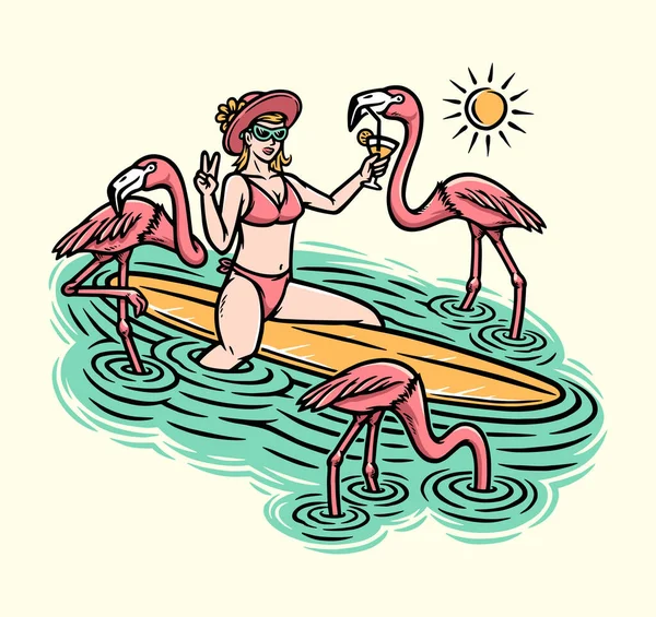 Vacker Kvinna Och Flamingo Stranden Illustration — Stock vektor