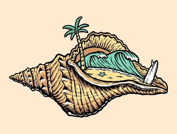 貝殻のイラストの中の美しいビーチビュー — ストックベクタ