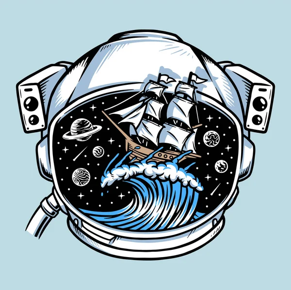 Zeilschip Astronaut Helm Frame Illustratie — Stockvector