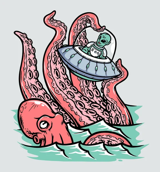 Pulpo Ataca Ovni Cruzando Mar Ilustración — Archivo Imágenes Vectoriales