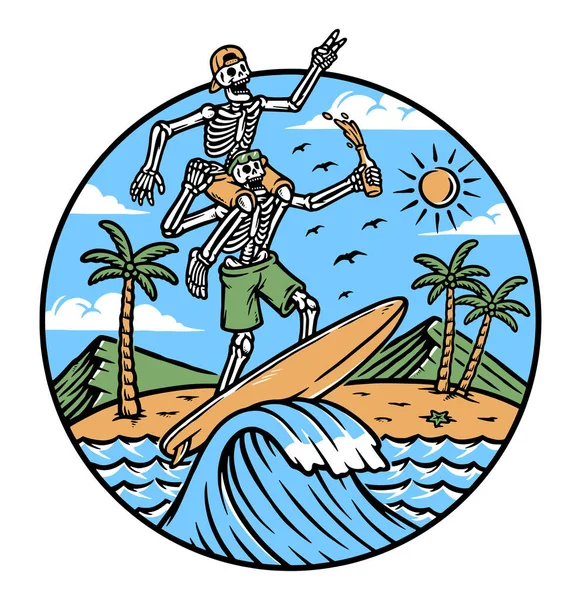 Two Skull Surfers Beach — Vettoriale Stock