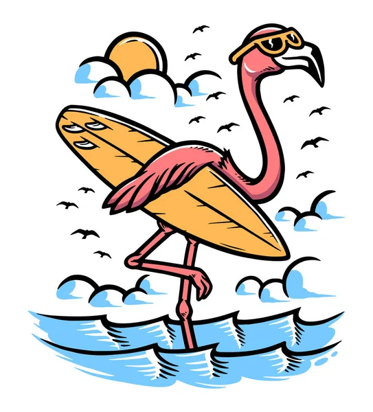 Plajda Sörfçü Flamingo — Stok Vektör