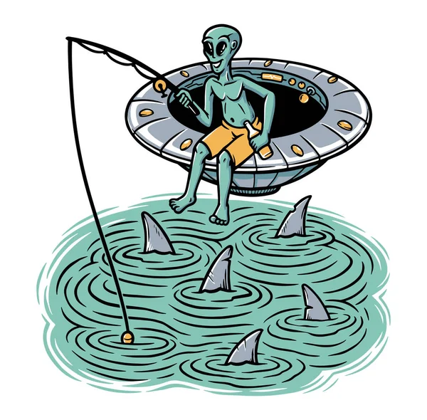 Aliens Fishing Sea — 스톡 벡터