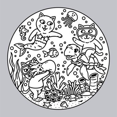 Deniz illüstrasyonuna dalan bir grup kedi.