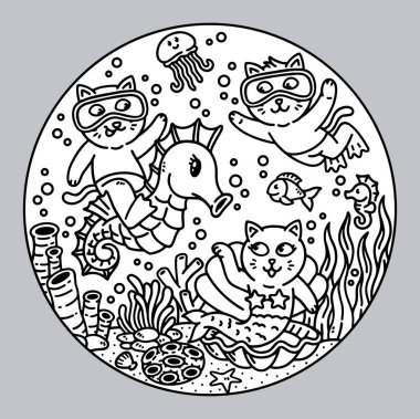 Deniz resimlerinde eğlenen bir grup kedi.