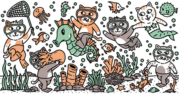 海に潜っている可愛い猫たちが — ストックベクタ
