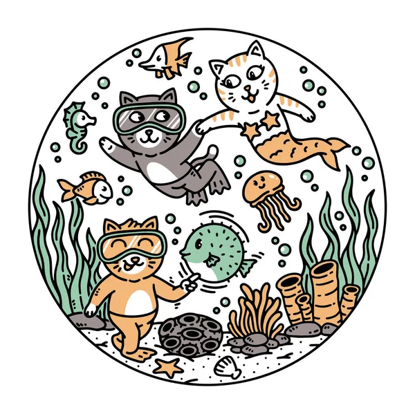 海で遊んでいる可愛い猫たちが — ストックベクタ