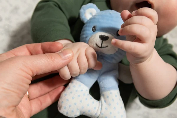 Small Three Month Old Baby Holds Soft Toy His Hands — Foto de Stock