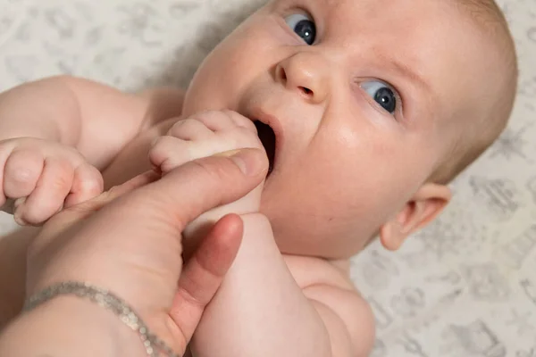 Bebê Brinca Come Mãos Olha Para Câmera — Fotografia de Stock