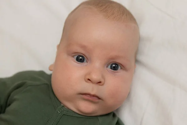 Close Portrait Three Month Old Baby Blue Eyes Dressed Green — Stock Photo, Image