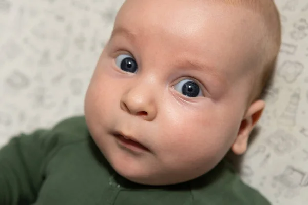 Close Portrait Three Month Old Baby Blue Eyes Dressed Green — Stock Photo, Image
