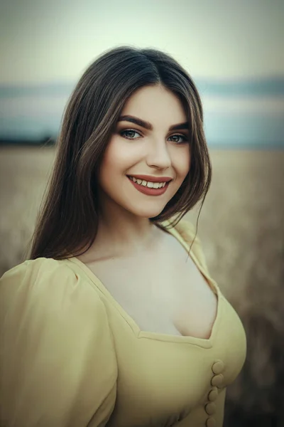 Portrait Beautiful Smiling Girl Yellow Dress Background Field — 스톡 사진