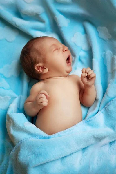 Little Newborn Baby Blue Blanket — стоковое фото