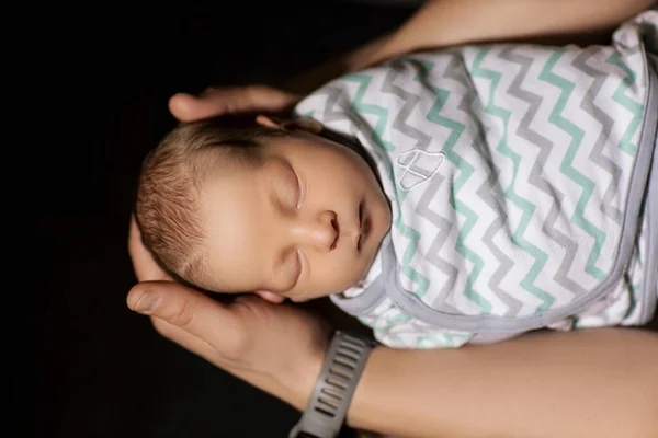 Newborn Baby Arms Dad Black Background — 图库照片