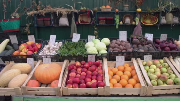 Verduras Frutas Mostrador Del Mercado Movimiento Suave Cámara Largo Las — Vídeos de Stock