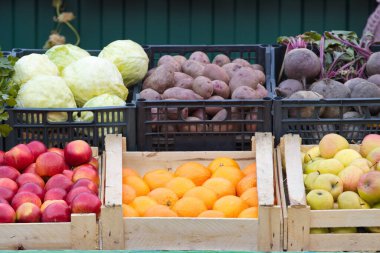 Sebzeler ve meyveler tezgahta. Kutular: lahana, patates, pancar, kırmızı elma, yeşil elma, portakal.