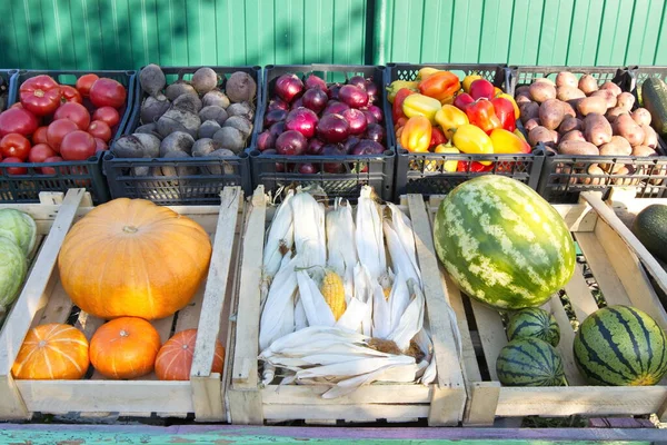 Zelenina Ovoce Tržišti Krabice Obsahují Rajčata Řepu Cibuli Papriky Brambory — Stock fotografie